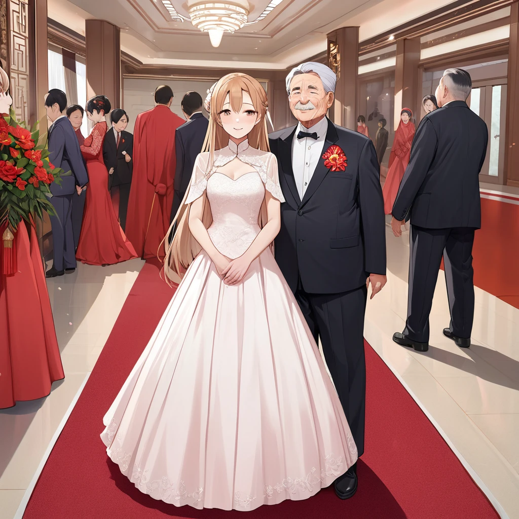 ((Highest quality)), ((masterpiece)), (detailed), (Perfect Face)、The woman is a Chinese woman named Yuuki Asuna.。, Formal evening hairstyle for light brown medium-long hair. She is wearing an engagement ring. She is a prominent member of the Chinese Communist Party.、She is the wife of a great old Communist Party official.、The woman is beautifully dressed in a gorgeous red wedding dress typical of the Chinese Communist Party, and she loves her husband dearly and is happy to be his wife.、She walked side by side with a dignified elderly Communist Party official down the red carpet aisle in a loving wedding ceremony.。A loving Chinese Communist couple