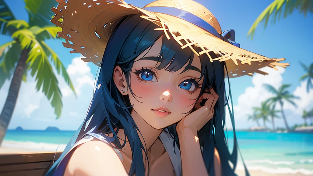 a beautiful girl wearing a straw hat, sitting at a table in a tropical paradise with palm trees, blue ocean and sky, highly detailed, 8k, best quality, photorealistic, anime style, cute, kawaii, detailed face, detailed eyes, detailed lips, shallow depth of field, masterpiece