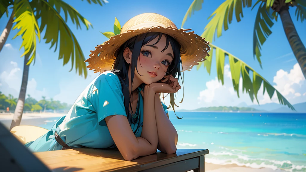 a beautiful girl wearing a straw hat, sitting at a table in a tropical paradise with palm trees, blue ocean and sky, highly detailed, 8k, best quality, photorealistic, anime style, cute, kawaii, detailed face, detailed eyes, detailed lips, shallow depth of field, masterpiece
