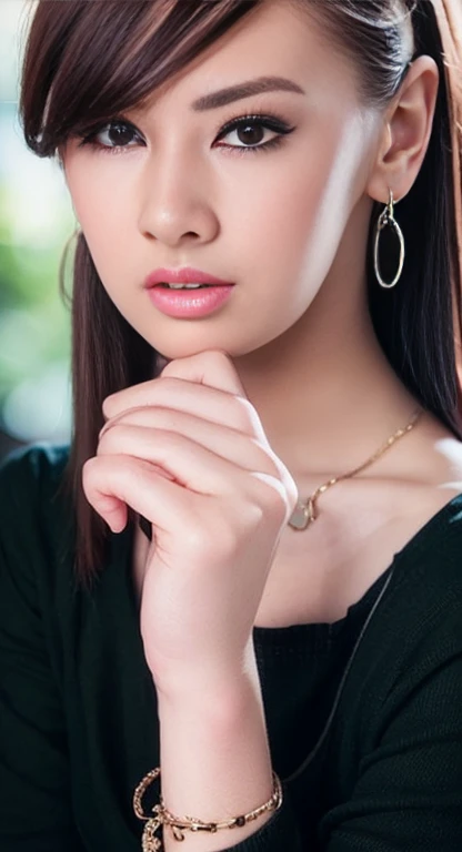 highest quality, (Realistic:1.2), One girl, alone, Detailed face, Face Focus, Are standing, Black Hair,(hair ornaments:1.35),office lady, Sleeves edged with ribbon, Removable sleeves, Ribbon trim, Wide sleeves, (View Viewer:1.5) Long Hair, Iris, bangs, lips,