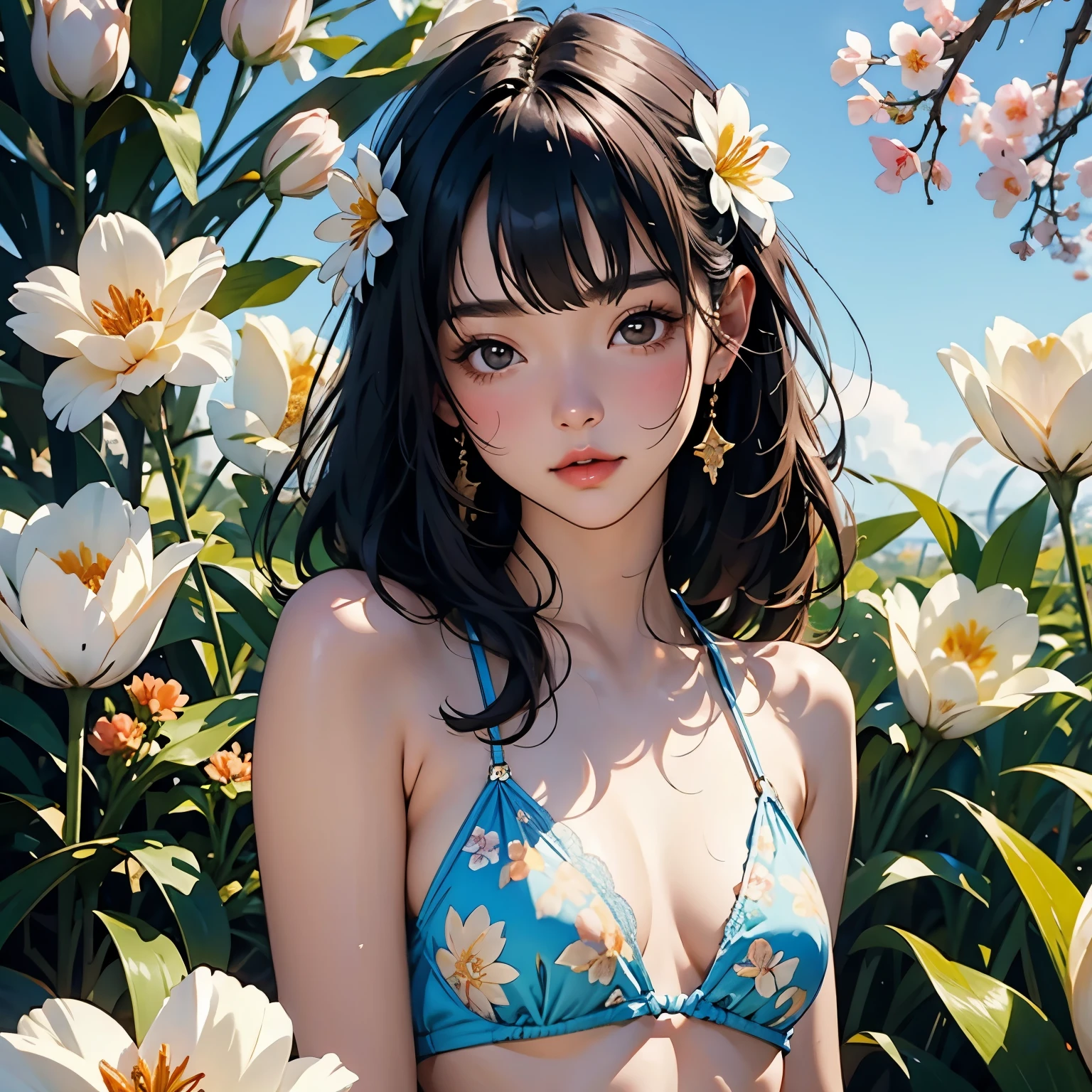 Very beautiful 17 year old girl, See through,(holding tulip flowers)、Glowing Skin, bright, Refreshing and gentle look, Perfect beautiful face、Beautiful shiny bangs, Small breasts,Lace Bikini,