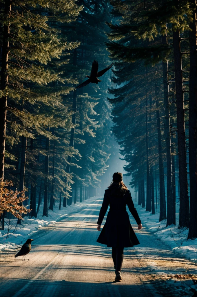 A girl and a black bird being chased by a shadow in a black forest