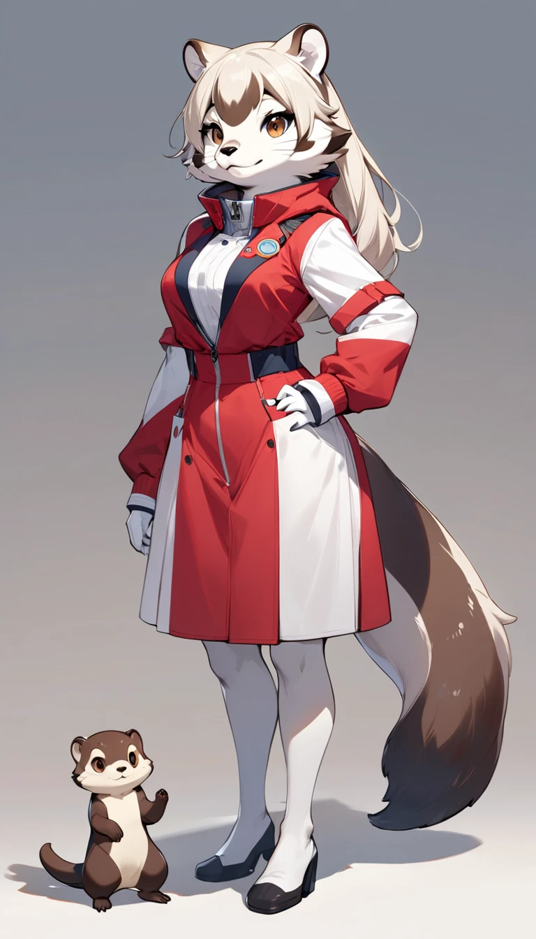 (masterpiece, best quality:1.2), 1 girl, solo, full body, (anthropomorphic Otter, furry, kemono), Full of curiosity, simple background