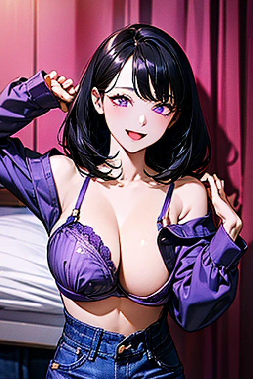 Very detailed、highest quality、Best image quality、masterpiece、8k、Anime Face、A kind smile、Open Mouth、((black middle hair:1.5))、big breast, sexy、 beautiful body 、Cowboy Shot, Sexual Intercourse, ((purple eyes)), hotel bedroom, ((( Jeans))), (((purple bra)))