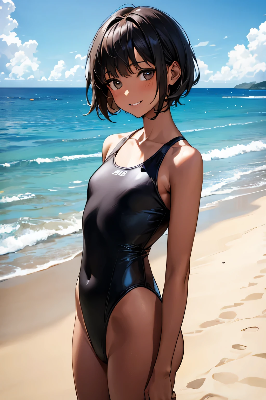 Ocean，Young Woman，Height 175cm，Small Head，The best smile，short hair，Black Hair，black eye，White swimsuit，Chocolate brown skin