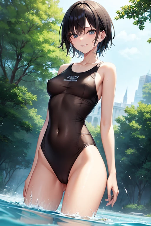 tall　Slender beauty　Small breasts　Very short black hair　A wet, see-through T-shirt　Swimsuit　urban river　Standing in the river　Cool smile