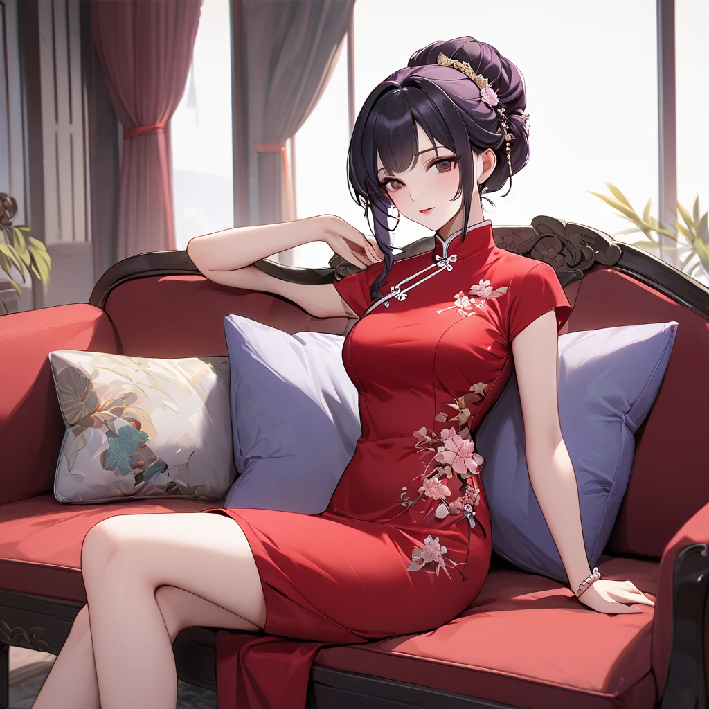 ((Highest quality)), ((masterpiece)), (detailed), (Perfect Face)、The woman is a Chinese woman named Kocho Shinobu.。, Purple gradient bob black hair and formal evening hairstyles. She is wearing an engagement ring. She is a prominent member of the Chinese Communist Party.、She is the wife of a great old Communist Party official.、The woman is beautifully dressed in a gorgeous red cheongsam, typical of the Chinese Communist Party.、A poised and elegant Chinese lady sitting on a plush sofa in a luxurious room