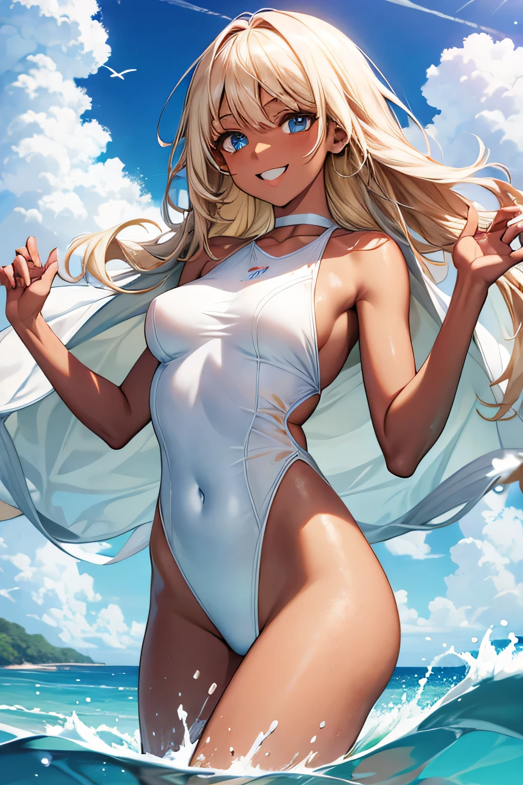 Ocean,Young Woman,The best smile,White swimsuit,Blonde,Light blue eyes,Chocolate brown skin