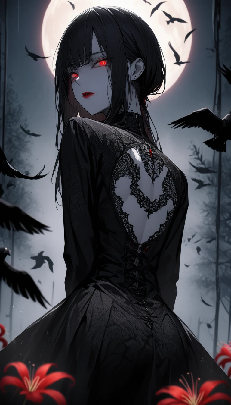 (Dark and scary atmosphere,Gothic Fashion,Dark colors),(Highest quality,Super exquisite item),Very sexy vampire girl,Sisters separated by years,A large number of red spider lilies in full bloom on a red full moon night,Beautiful and delicate eyes,Beautiful black straight ponytail,Crow's feathers,Red lipstick,A mysterious and seductive smile,Pale skin,Fishnet tights,Black and white lace dress with a wide open back,The moonlight illuminates her silhouette,shadows and highlights,Create a calm and lively atmosphere,Lighting effects to make her look beautiful,A fantastic background created by darkness and moonlight,She is a tall girl who looks like an adult.,A crow is flying,Crow's feathersが舞う,Are standing,Deep foggy forest behind,(Courtesy),((The shadows of several hanged bodies in the forest behind)),A flock of crows swarming around a corpse,Turn around,turn around,Spread your legs wide,