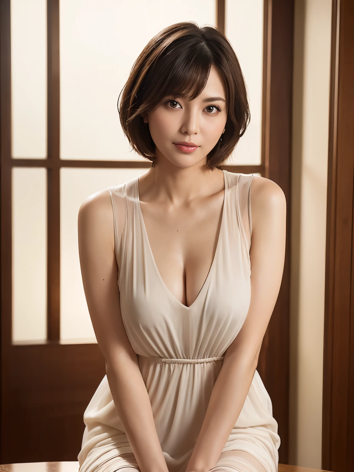 Highest quality, masterpiece, High resolution, Photorealistic, RAW Photos, 8k wallpaper, perfection, Professional Lighting, bedroom, Very detailed, ((One beautiful woman)), 40 years old, Sexy Woman, ((Sexy see-through dress)), Cleavage, Upper Body, ((View your viewers)), Detailed face, Beautiful Eyes, ((Look forward)), Stylish dining room, bangs, Shapely breasts, Short Bob Hair, Plump and glossy lips, Cowboy Shot, ((Place your arms between your legs))