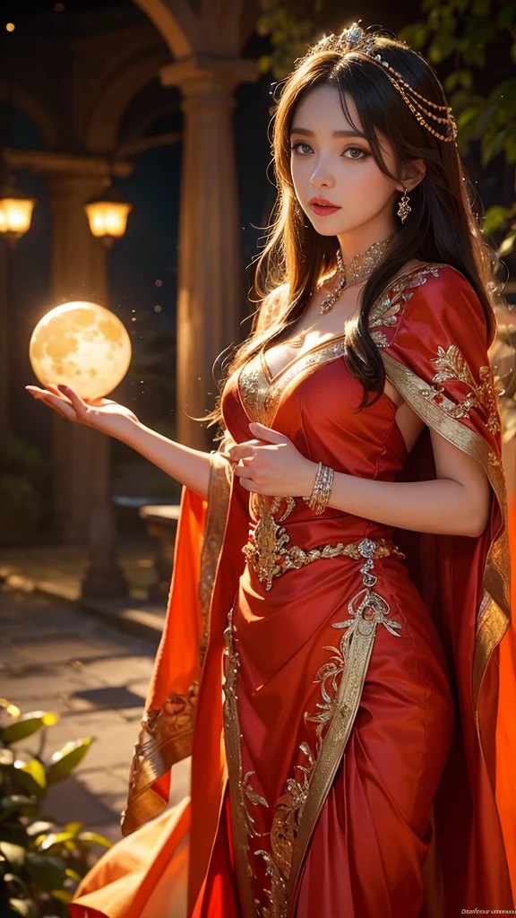 8K ultra hd, masterpiece,1 girl, ((realistic face)), detailed eyes, ((very long hair)), flowing hair, small breasts, royal dress, decorated dress, orange dress, anitque jwellery, detailed lacing, flowing cape, bare navel, moon light, amazing night outdoor, spot lights, glowing lights, depth of field, ray tracing, bloom, realistic shadow, tyndal effect, spreding, lights, looking at the audience, attractive pose,