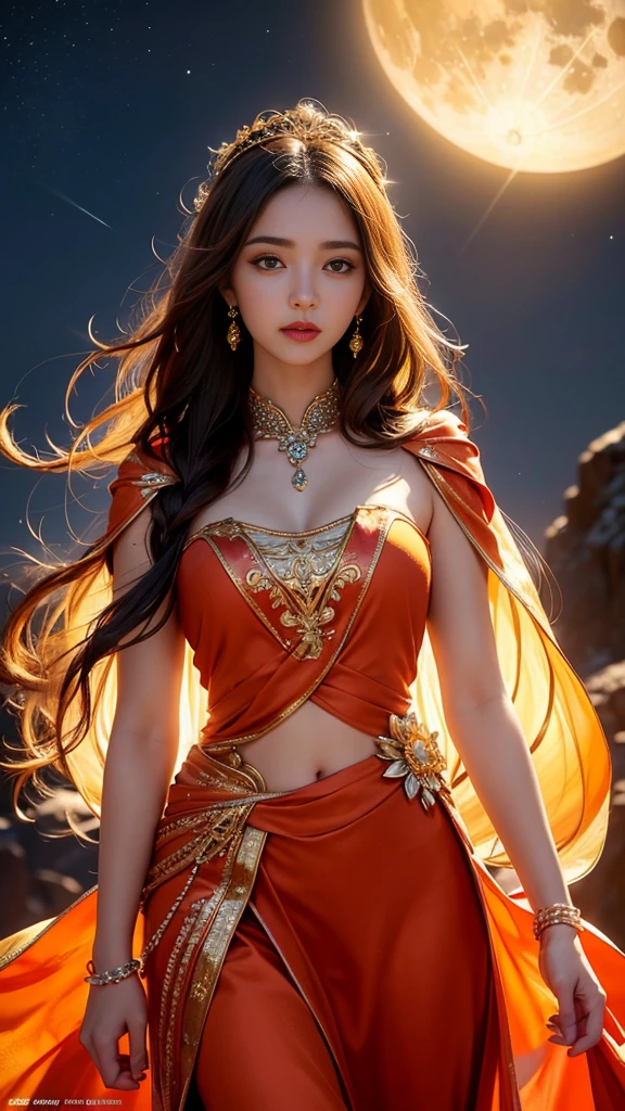 8K ultra hd, masterpiece,1 girl, ((realistic face)), detailed eyes, ((very long hair)), flowing hair, small breasts, royal dress, decorated dress, orange dress, anitque jwellery, detailed lacing, flowing cape, bare navel, moon light, amazing night outdoor, spot lights, glowing lights, depth of field, ray tracing, bloom, realistic shadow, tyndal effect, spreding, lights, looking at the audience, attractive pose,