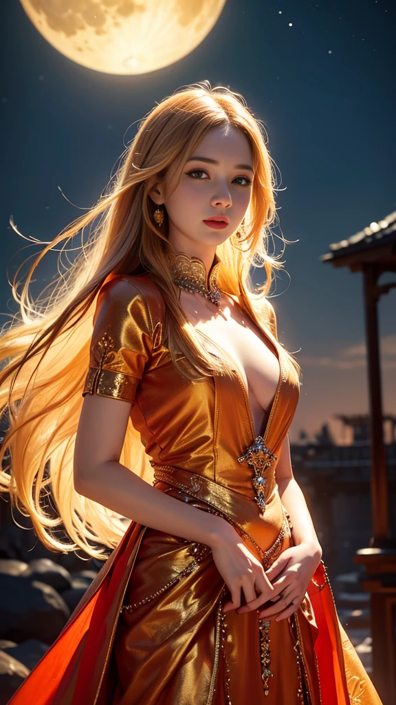 8K ultra hd, masterpiece,1 girl, ((realistic face)), detailed eyes, ((very long hair)), flowing hair, small breasts, royal dress, decorated dress, orange dress, anitque jwellery, detailed lacing, flowing cape, bare navel, moon light, amazing night outdoor, spot lights, glowing lights, depth of field, ray tracing, bloom, realistic shadow, tyndal effect, spreding, lights, looking at the audience, attractive pose,