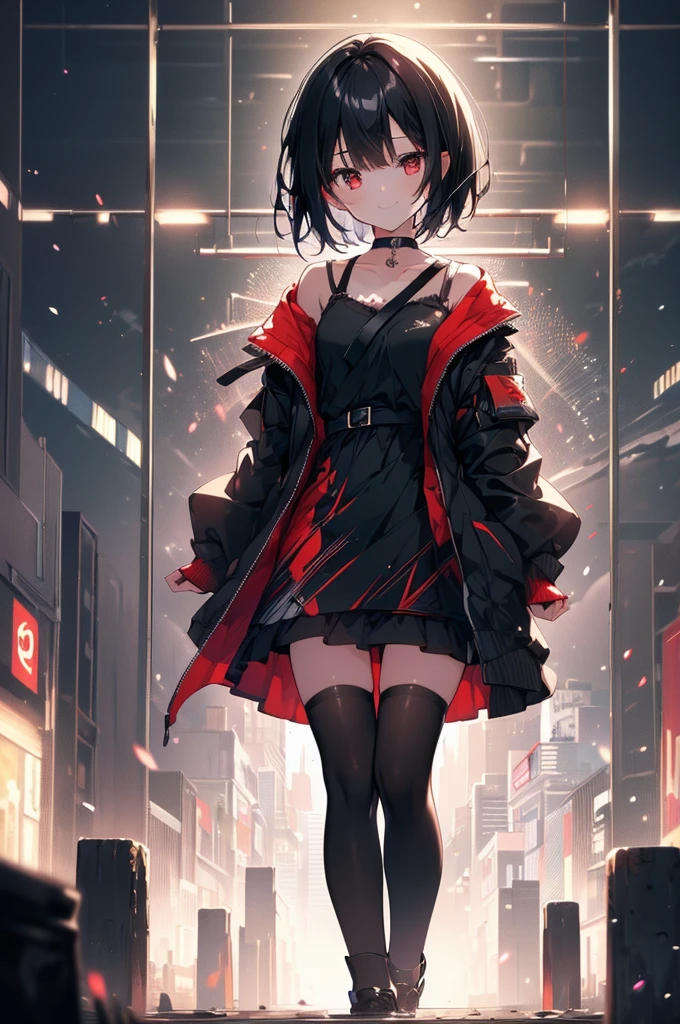 (masterpiece, highest quality, highest quality, (No text), Beautiful and aesthetic:1.2),No text,アニメ、BREAK,One Girl,Black Hair Girl short hair older sister choker Beautiful eyes Red eyes cool smile Black and Red Cute clothes Black jacket stockings whole body In town