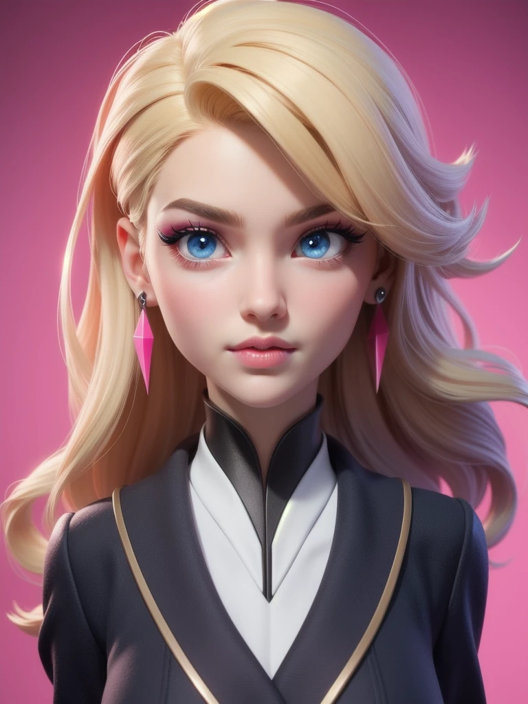 masterpiece, best quality,3d rending work,3DMM style, close-up, portrait, 3D,1girl, solo, perfect face, long hair, academy blue school uniform , long light blonde hair dyed with pink and with cute fluffy bangs well styled, hair dyed with pink color, detailed light blue eyes highlight light reflecting in her eyes, looking straight to the viewer, realistic, upper body, party background, colorful lighting, lips, edgy makeup, black shade of makeup on eyelids, ear piercing, fair skin, perfect hourglass body, she has sharp jawline, photo card, The artwork should have the best quality, with ultra-detailed and realistic features. The color palette should be vivid, and the lighting should emphasize the character's facial structure and expression.