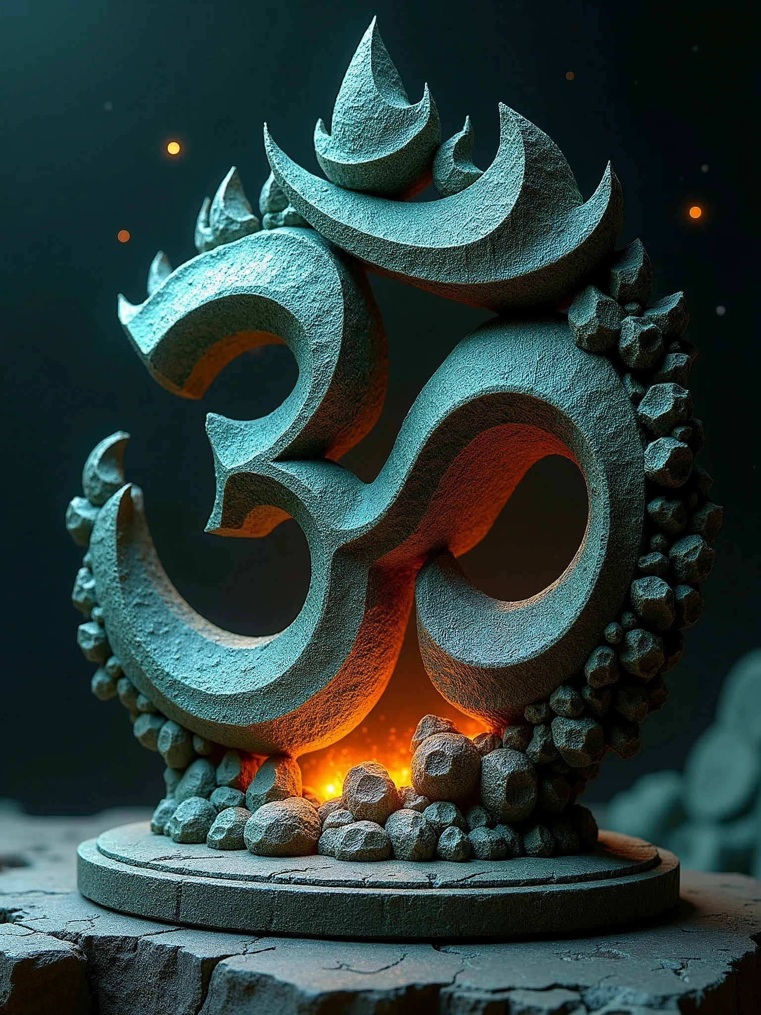 intricately detailed stone sculpture with mandelbrot fractals in the shape of the Om symbol, darkgreen, blue and orange, with delicate, curved tendrils that dance across the surface, as if infused with an otherworldly energy, the sculpture itself adorned with subtle, glowing highlights that accentuate its contours, background is a dark deep space, with a few scattered, twinkling stars, with a subtle sense of depth and dimensionality. 8k 