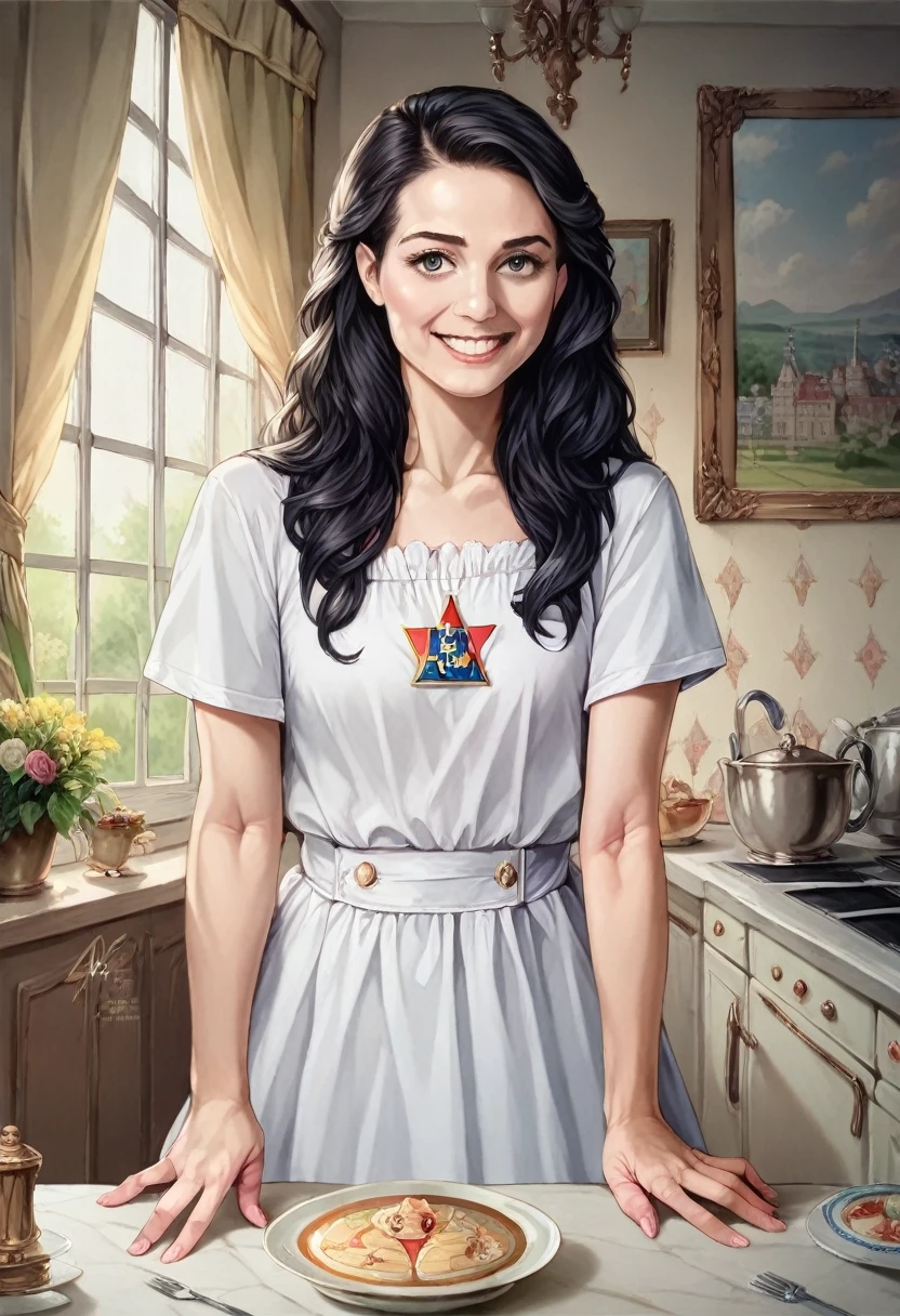 Girl, (semi long black hair) (beautiful hair), actress, smile, shiny skin, Best Quality, masterpiece, (photorealistic: 1.4), in the kitchen and living room , Europe, France, Paris, dress (Realistic screen), short sleeves and short tops, (without logo), thin fingers
