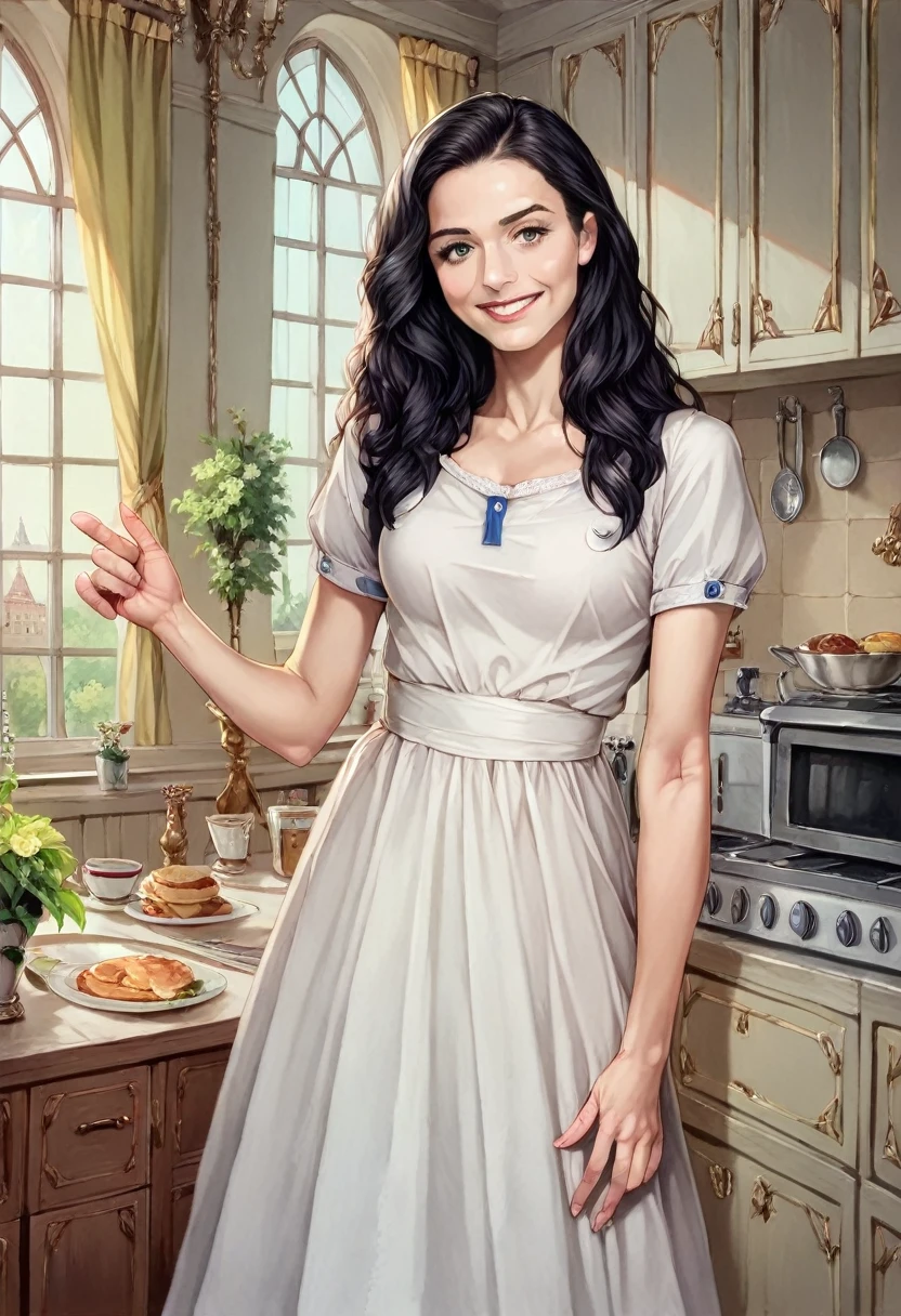 Girl, (semi long black hair) (beautiful hair), actress, smile, shiny skin, Best Quality, masterpiece, (photorealistic: 1.4), in the kitchen and living room , Europe, France, Paris, dress (Realistic screen), short sleeves and short tops, (without logo), thin fingers