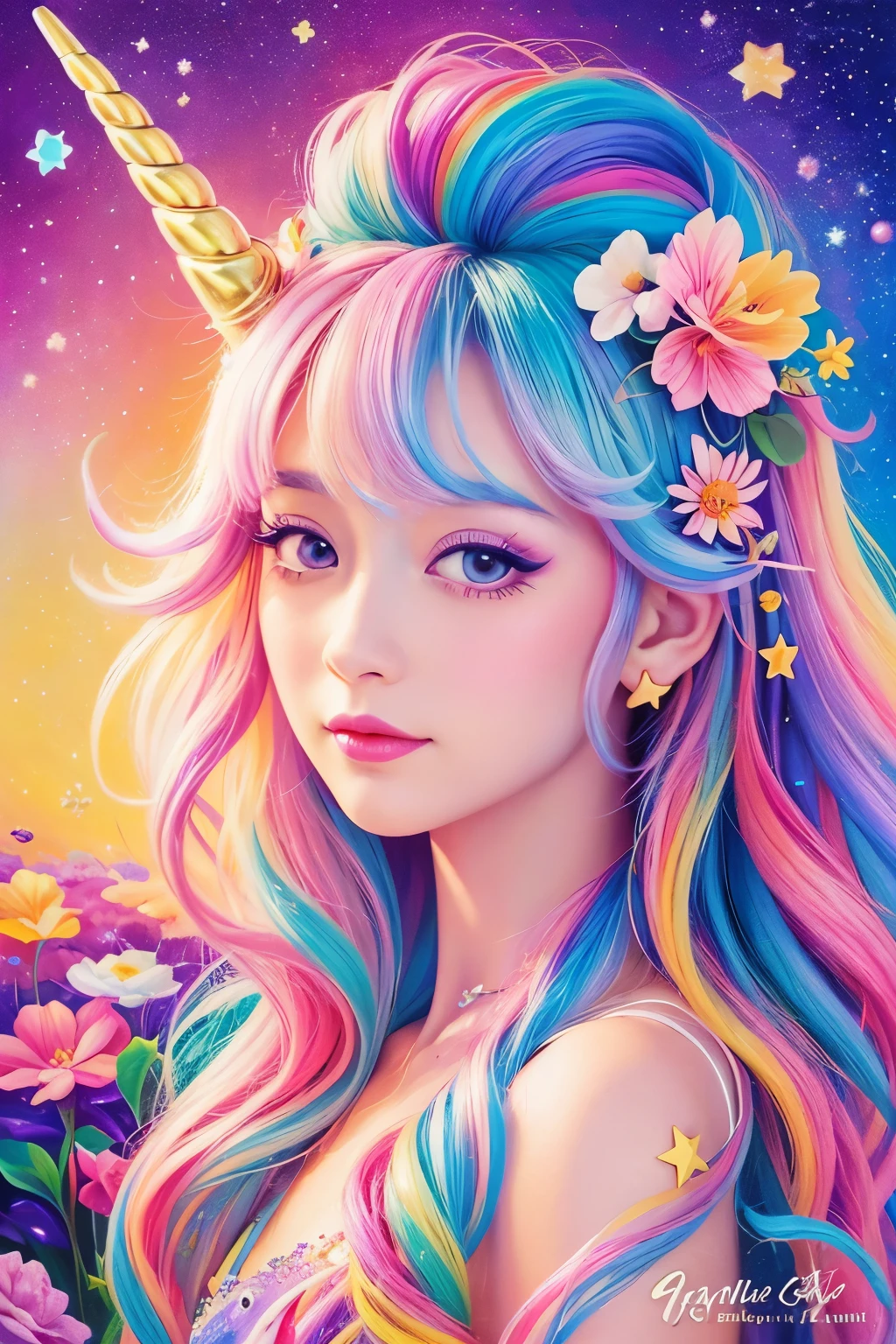 a painting of a unicorn with flowers and stars in the background unicorn so magical and dreamy a unicorn lisa frank unicorns magical colorful flowers unicorn horn inspired lisa frank style beautiful animal pearl queen dreamy art caroline chario days airbrush art