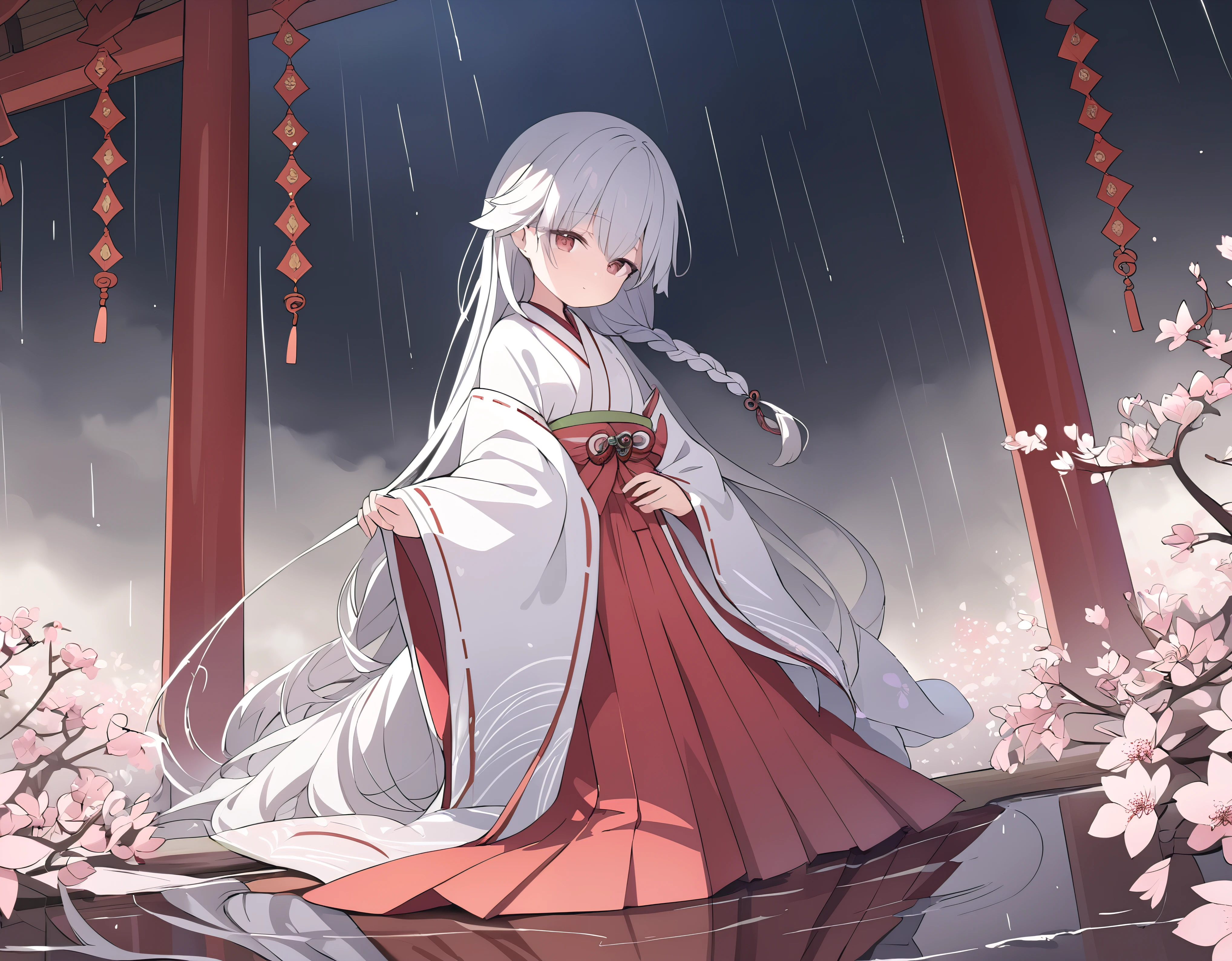 (full body), (solo), (A :1.2), (very young little girl), l, (small breas(wide angle), raw photo, Aesthetic, Convoluted, Awarded, chiaroscuro, Best Quality, Detailed background, (Misty atmosphere:1.2), (hard rainy day:1.1),((Girl in very long shrine maiden:1.2)), detailxl, In the throes of a tempestuous night, the rain falls in torrents, painting the world in shades of silver and darkness. Amidst the deluge, a young girl appears, a figure of enchantment, her silhouette a stark contrast to the storm's fury. She is adorned in a Japanese shrine maiden costume, a miko-zukuri, that is an opulent display of elegance and tradition.
The miko-zukuri is a vision of grandeur, with the haori, an outer garment, extending its hem to the ground, flowing like a river of pristine white silk. The fabric is of the highest quality, its texture smooth and supple, caressing the contours of her form as she moves with the grace of a willow in the wind. The haori is embroidered with delicate motifs of cherry blossoms and chrysanthemums, symbols of spring and autumn, respectively, their petals intricately stitched with threads that glimmer with the subtlest hint of mother-of-pearl.
The hakama, a traditional skirt, is elongated to match the haori, its hem sweeping the ground with each step, creating a sound akin to rustling leaves. The hakama is a deep, rich crimson, the color of a heart's passion, and it is adorned with a brocade pattern that is a dance of light and shadow, the threads shimmering with a metallic sheen that catches the fleeting flashes of lightning.
Her hair is styled in a traditional manner, with a long, flowing braid that cascades down her back, secured with a white ribbon that is embroidered with delicate cherry blossoms. The ribbon flutters with each movement, a dance of its own, adding to the overall elegance of her appearance.
Around her waist, she wears an obi, a wide sash that is a tapestry of colors and patterns, its design
