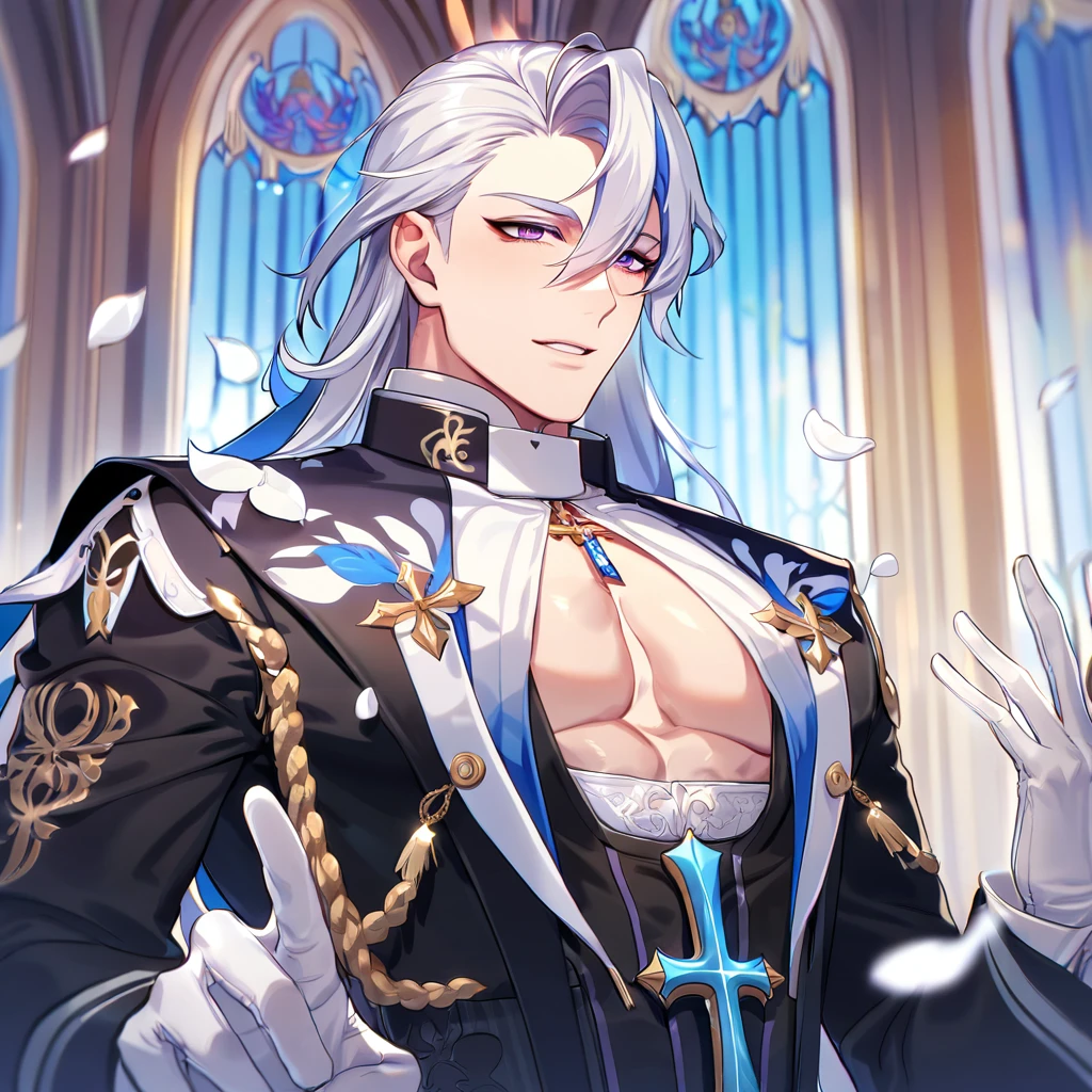 absurdres, highres, ultra detailed, HDR, master piece, best quality, Neuvillette, white hair, expressive purple eyes, Genshin Impact, solo, sexy man, handsome, horny, lewd, black priest robes, accessories, showing the chest, cross necklace, priest, white gloves, fantasy, magical, white roses, white petals, blue sky, church, Nu Carnival