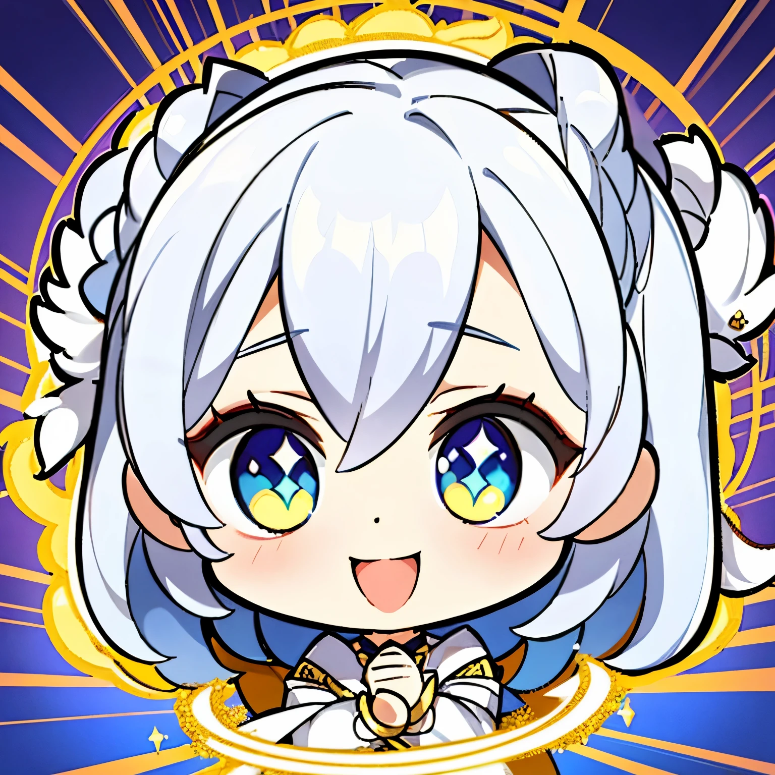 high quality, (1girl), chibi, cute, (full body:1.5), smile, white background, simple background, Cute deformed characters, Big eyes and a bright expression, Vivid colors, Metallic effect, A lively and lively smile, A fantasy-style outfit based on white and gold, Lavish decoration, Glittering pattern, Simple and character-enhancing design, Add a little sparkle effect, large white feathers on the back, Glowing magic wand in hand, Aura of Light