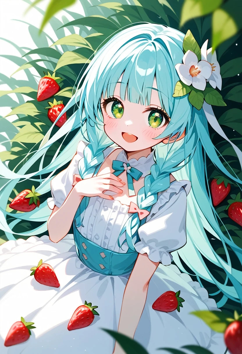 masterpiece, best quality, extremely detailed, (illustration, official art:1.1), 1 girl ,(((( light blue long hair)))), ,(((( light blue long hair)))),light blue hair, , long hair ((blush)) , cute face, big eyes, masterpiece, best quality,(((((a very delicate and beautiful girl))))),Amazing,beautiful detailed eyes,blunt bangs((((little delicate girl)))),tareme(true beautiful:1.2), sense of depth,dynamic angle,,,, affectionate smile, (true beautiful:1.2),,(tiny 1girl model:1.2),)(flat chest), a girl anime girl with lots of light blue hair and strawberries around her, 1girl, green eyes, solo, green hair, braid, twin braids, flower, long hair, dress, hair ornament, smile, short sleeves, looking at viewer, food, hair flower, blush, strawberry hair ornament, frills, open mouth,((Incredibly detailed), #3b4195 background, stunning flowers, juicy berries, lush ferns, vibrant leaves, serene watercolor pattern), (Impressive watercolor texture), ((1 girl), cute, hide hand)