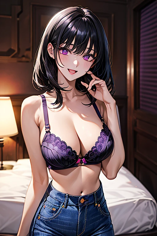 Very detailed、highest quality、Best image quality、masterpiece、8k、Anime Face、A kind smile、Open Mouth、((black middle hair:1.5))、big breast, sexy、 beautiful body 、Cowboy Shot, Sexual Intercourse, ((purple eyes)), hotel bedroom, ((( Jeans))), (((purple bra)))