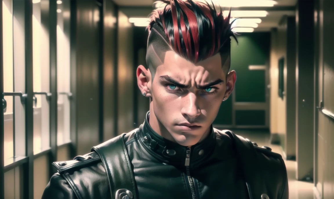 "((highly detailed, detailed eyes, detailed face, clear and realistic facial features, photorealistic, realistic light; cinematic)), (1 man), ((((school hallway background)))), (((gorgeous athletic punk tough bully male))), ((18-year-old teenage male)), ((((glaring expression)))), ((intimidating mood)), ((blue-green eyes)), ((short black hair with a undercut)), (((dressed in black and leather))), ((red tint in hair)), ((blocking your path/standing in your way))."