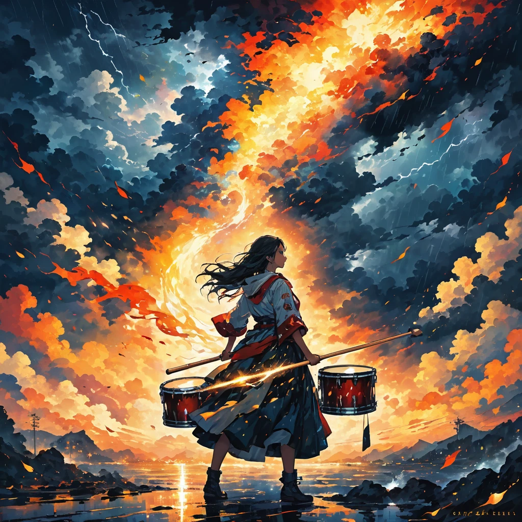 A dynamic and inspiring scene with a diverse group of people standing strong and united, facing a storm with determination. The dark clouds are pierced by a brilliant light, symbolizing hope and resilience. Elements of music, such as drums and bass lines, subtly flow through the air, adding a sense of rhythm and power. Flames and rain coexist, creating a vivid contrast that highlights courage and strength. Above, stars shine brightly, representing the achievement of dreams and aspirations. The overall atmosphere conveys unity, hope, and triumph over adversity.