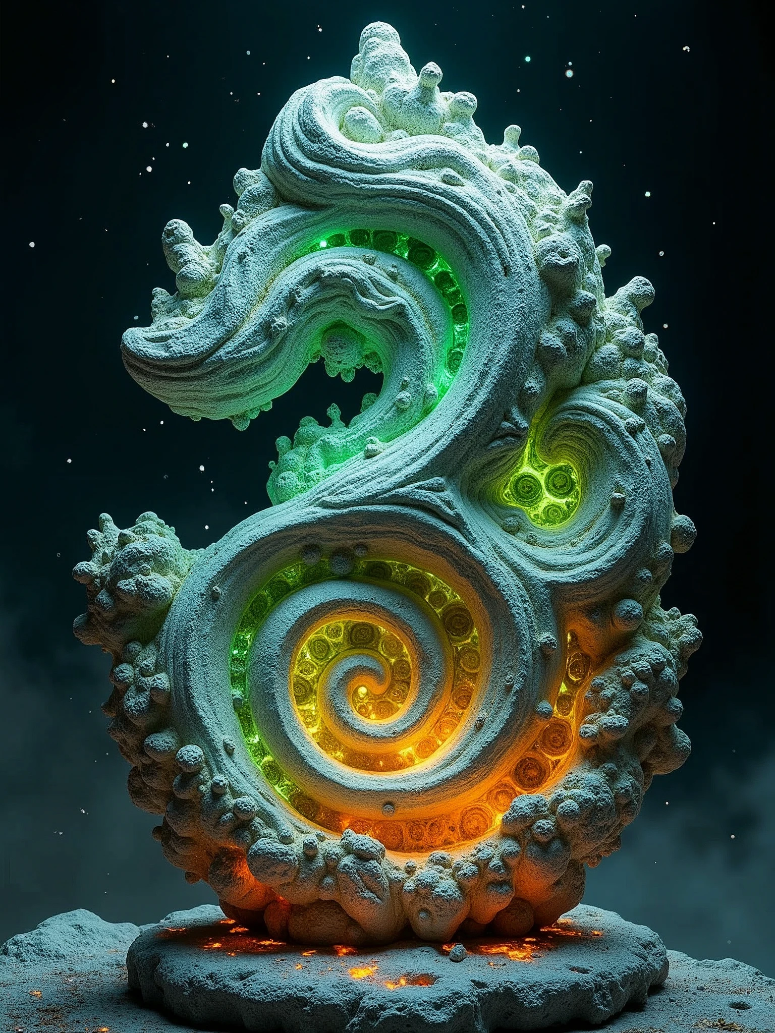 intricately detailed stone sculpture with mandelbrot fractals in the shape of the Om symbol, green, blue and orange, with delicate, curved tendrils that dance across the surface, as if infused with an otherworldly energy, the sculpture itself adorned with subtle, glowing highlights that accentuate its contours, background is a dark deep space, with a few scattered, twinkling stars, with a subtle sense of depth and dimensionality. 8k