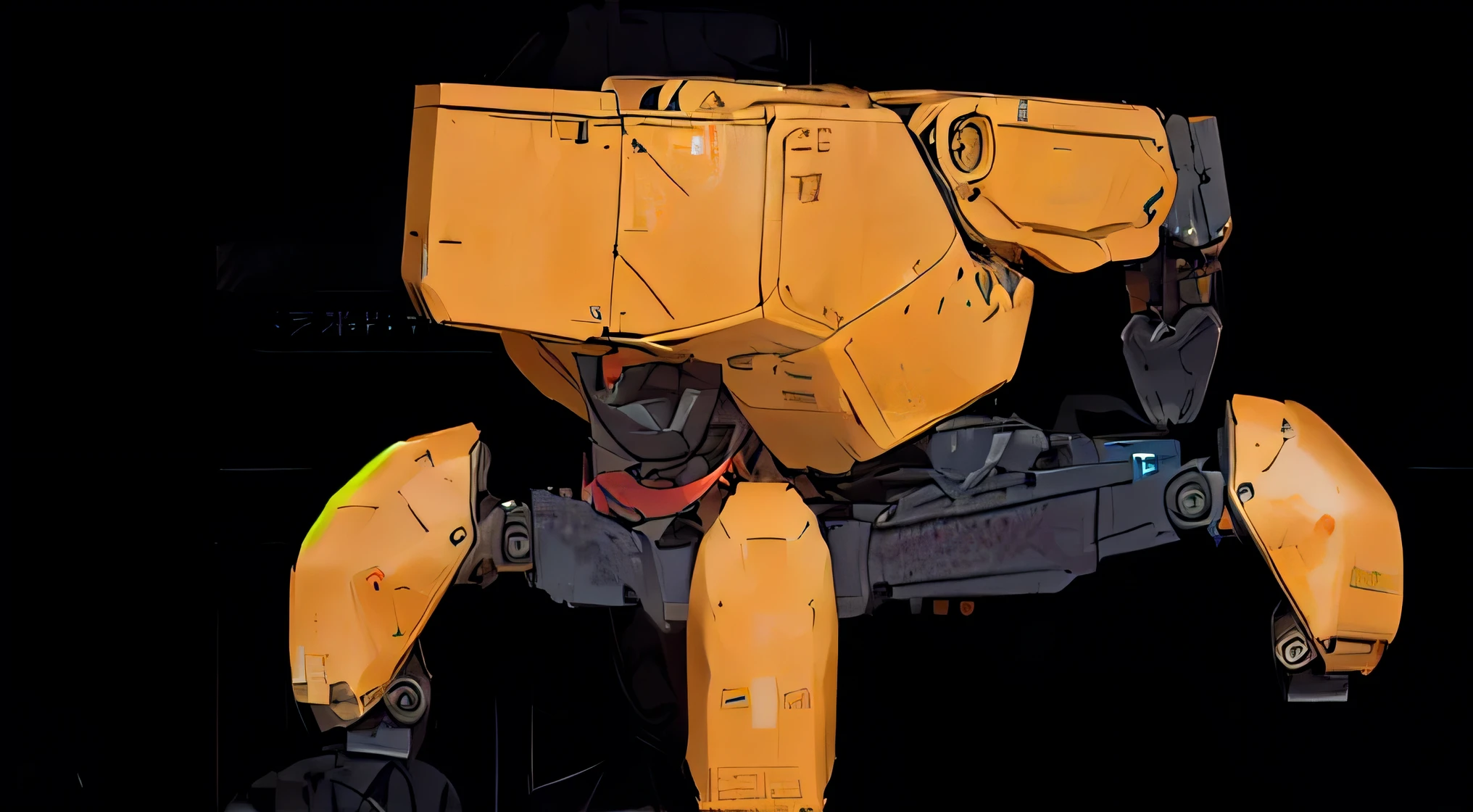there is a robot that is standing up with a black background, mech shaped like a manatee, mech body, yellow mech, mecha robot details, discarded mech in background, mech, portrait of a mech, mecha inspired, # mecha, giant robot foot, mech robot, metal gear mech, tank with legs, mechanized art concept, mech concept art