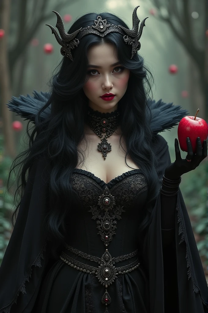 Girl,Black long hair，Black Queen，accessories，Apple in hand，Poison apples，Witch Queen，Red lipstick