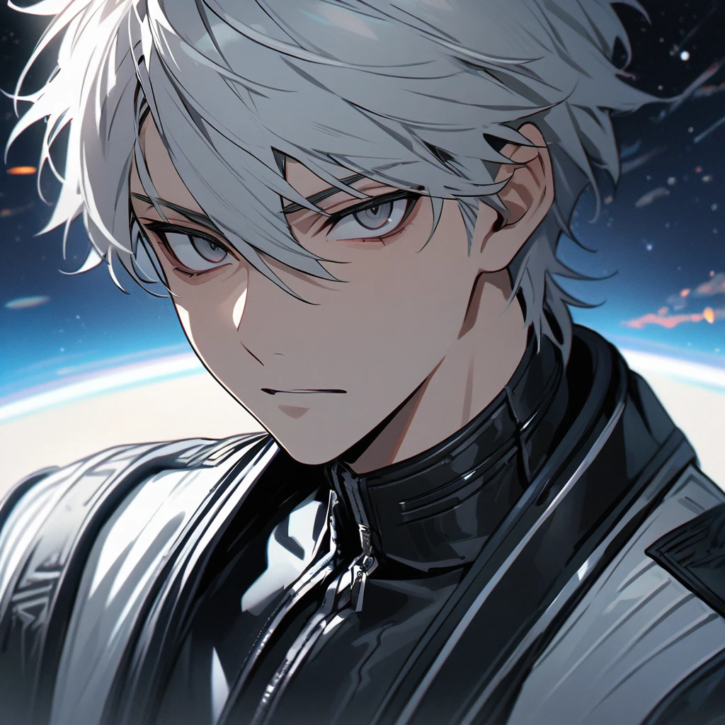 High quality, HD, 4k, no shadows, handsome male, 1male, 17 years old, teenager, short white hair, silver hair, white hair, sharp eyes, dark grey colored eyes, deep grey eyes, dark grey eyes, devil may cry, close up, calm expression, stoic expression, black leather clothes, white leather clothing, lean body, well trained body, upper body, looking at viewer, cowboy shot, white solar, space background