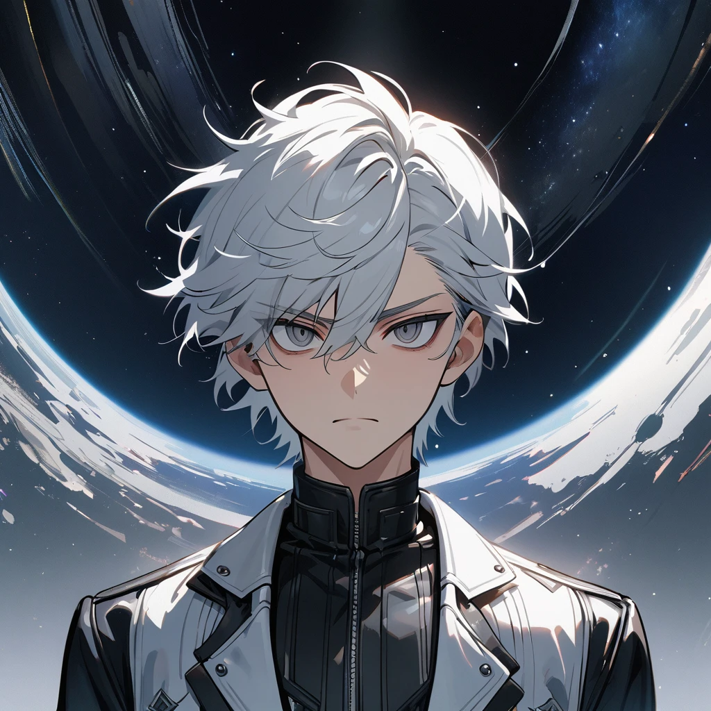 High quality, HD, 4k, no shadows, handsome male, 1male, 17 years old, teenager, short white hair, silver hair, white hair, sharp eyes, dark grey colored eyes, deep grey eyes, dark grey eyes, devil may cry, close up, calm expression, stoic expression, black leather clothes, white leather clothing, lean body, well trained body, upper body, looking at viewer, cowboy shot, white solar, space background