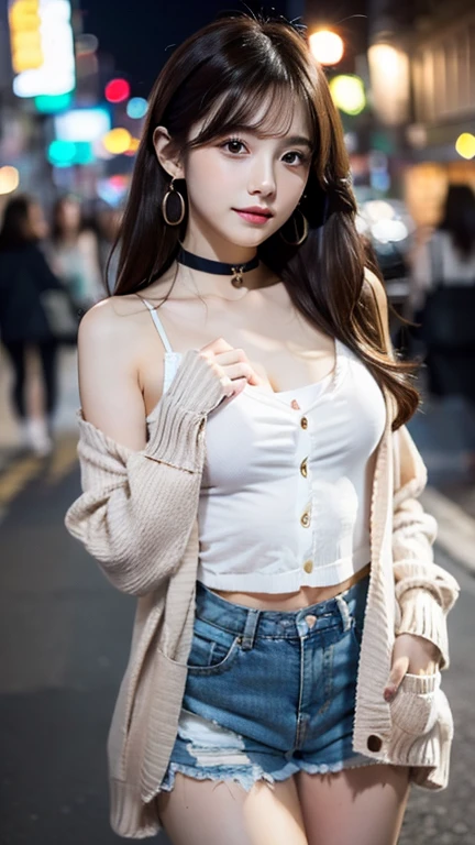 ((Open Front Cardigan、Drawstring Cami、Pintuck shorts))beautiful, calm and bright look、Refreshing look、完璧なbeautifulcute顔、Very bright、Long bangs between the eyes、Long black hair straight hair、とてもcute、beautifully、Young little woman、非常に完璧なbeautifulcute顔、、Real17歳女性、cute,((Small breasts))、(()) And a very slim figure,Very thin leganicules、Earrings、Pink Lip、choker、Real、Highest quality、Detailed face、Detailed Background、Depth of written boundary、alone、night,Highest quality、High resolution、超High resolution(Real:1.4)Detailed eyes、Gradation、Perfect anatomical figure、Woman with perfect body、Highly detailed skin、非常にDetailed face、細部までbeautiful目、Background blur、whole body viewing angle、