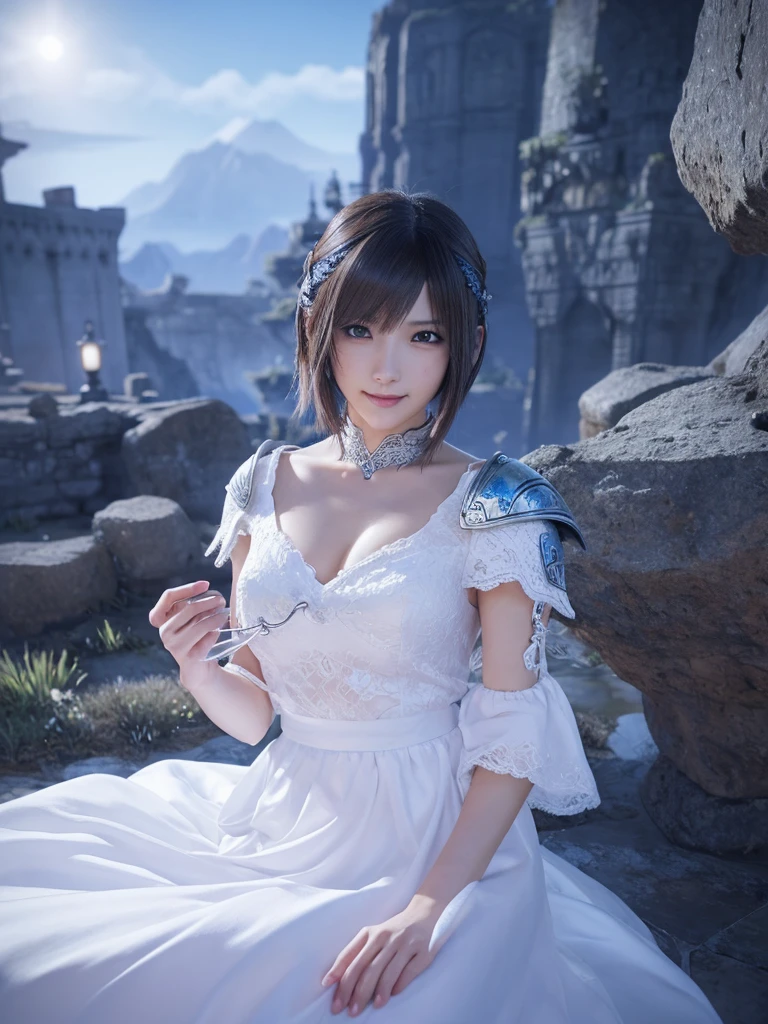 beautiful detailed eyes, beautiful detailed lips, extremely detailed eyes and face, long eyelashes, 1japanese girl, fantasy character, (final fantasy, yuuna:1.5), cutie smile,short hair,elegant white dress,break, blue long skirt,break,magical girl, highly detailed, fantasy landscape, dramatic lighting, glowing effects, mist, intricate details, volumetric lighting, cinematic composition, hyper realistic, 8k, best quality, masterpiece, photorealistic