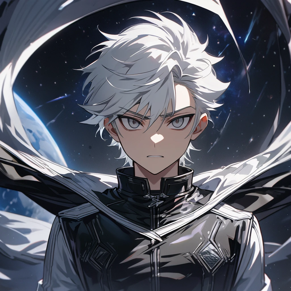 High quality, HD, 4k, no shadows, handsome male, 1male, , teenager, short white hair, silver hair, white hair, sharp eyes, dark grey colored eyes, deep grey eyes, dark grey eyes, devil may cry, close up, calm expression, stoic expression, black leather clothes, white leather clothing, lean body, well trained body, upper body, looking at viewer, cowboy shot, white solar, space background