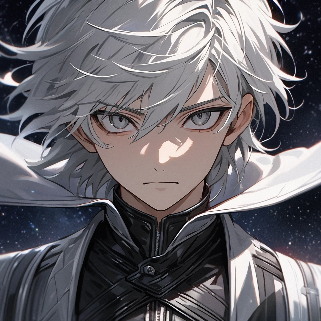 High quality, HD, 4k, no shadows, handsome male, 1male, 17 years old, teenager, short white hair, silver hair, white hair, sharp eyes, dark grey colored eyes, deep grey eyes, dark grey eyes, devil may cry, close up, calm expression, stoic expression, black leather clothes, white leather clothing, lean body, well trained body, upper body, looking at viewer, cowboy shot, white solar, space background