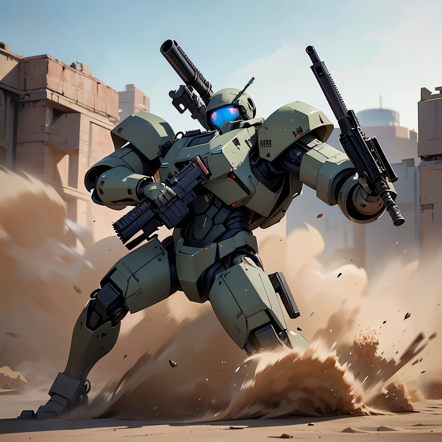 nsfw, anime screencap, 16K, perfect ??????? proportion body, perfect hands, action, A dynamic composition with a sense of speed and movement, (Hold an assault rifle:1.6), a wife, 40age, perfect beautiful delicate sexy face, perfect beautiful delicate eyes, brown hair, short bob hair, gigantic tits, Camouflage colored heavy armor robotic steam engine full armor powered suit, Many robot soldiers having a gunfight in the background, Flying bullets, Desert Battlefield, war, cyber punk,