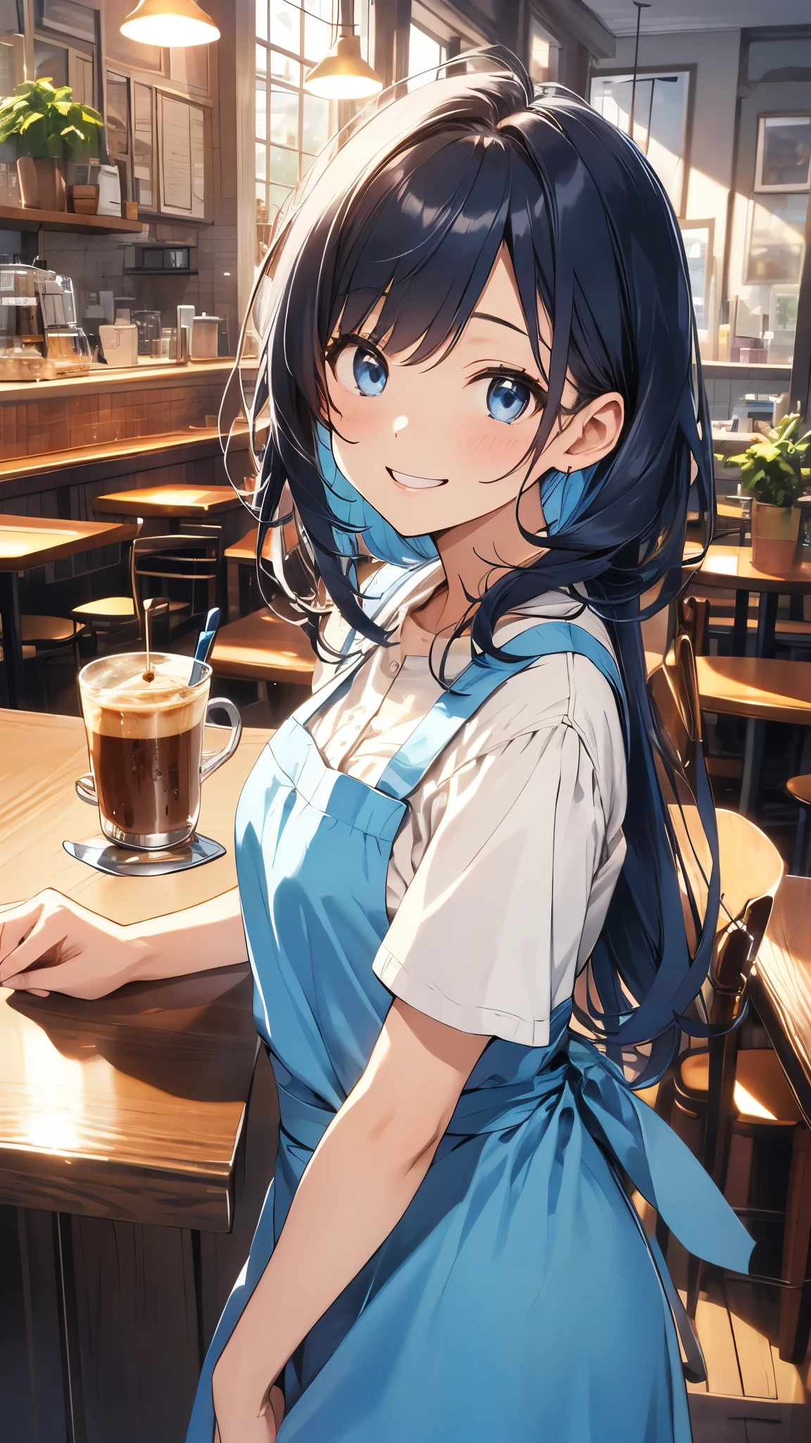 masterpiece、Highest quality、High resolution、Very detailed、Detailed Background、1 girl、White blouse、Blue Skirt、Upper body close-up、Dark blue hair、blue eyes、smile、Apron appearance、((indoor、morning、Cafe))、Sharp contours