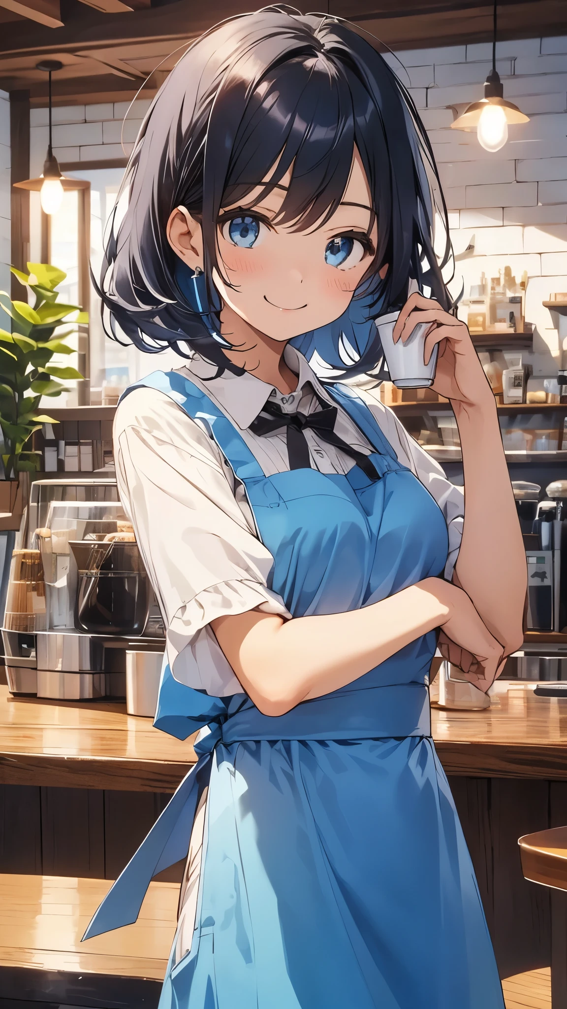 masterpiece、Highest quality、High resolution、Very detailed、Detailed Background、1 girl、White blouse、Blue Skirt、Upper body close-up、Dark blue hair、blue eyes、smile、Apron appearance、((indoor、morning、Cafe))、Sharp contours