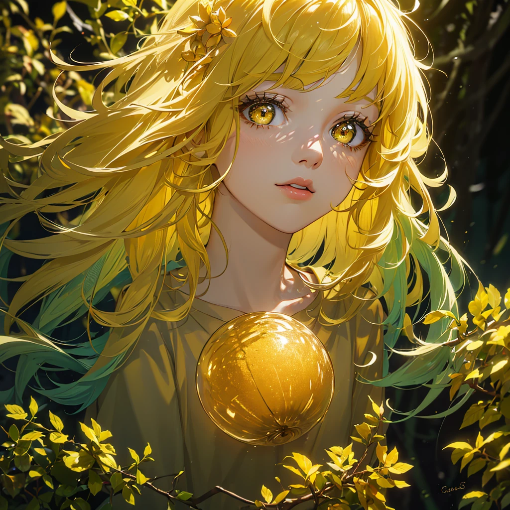 a girl wearing a yellow t-shirt, standing in a yellow-hued forest with warm lighting,extremely detailed face and eyes, beautiful detailed lips, long eyelashes, intricate details, photorealistic, 8k, high quality, natural lighting, cinematic lighting, lush greenery, vibrant colors, serene atmosphere