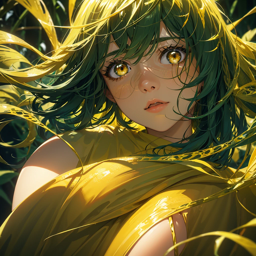 a girl wearing a yellow t-shirt, standing in a yellow-hued forest with warm lighting,extremely detailed face and eyes, beautiful detailed lips, long eyelashes, intricate details, photorealistic, 8k, high quality, natural lighting, cinematic lighting, lush greenery, vibrant colors, serene atmosphere