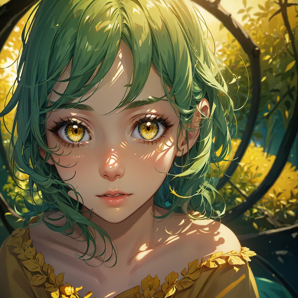 a girl wearing a yellow t-shirt, standing in a yellow-hued forest with warm lighting,extremely detailed face and eyes, beautiful detailed lips, long eyelashes, intricate details, photorealistic, 8k, high quality, natural lighting, cinematic lighting, lush greenery, vibrant colors, serene atmosphere