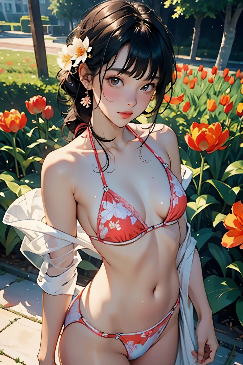 Very beautiful  girl, See through，(holding tulip flowers)、Glowing Skin, bright, Refreshing and gentle look, Perfect beautiful face、Beautiful shiny bangs, Small breasts，Lace Bikini，