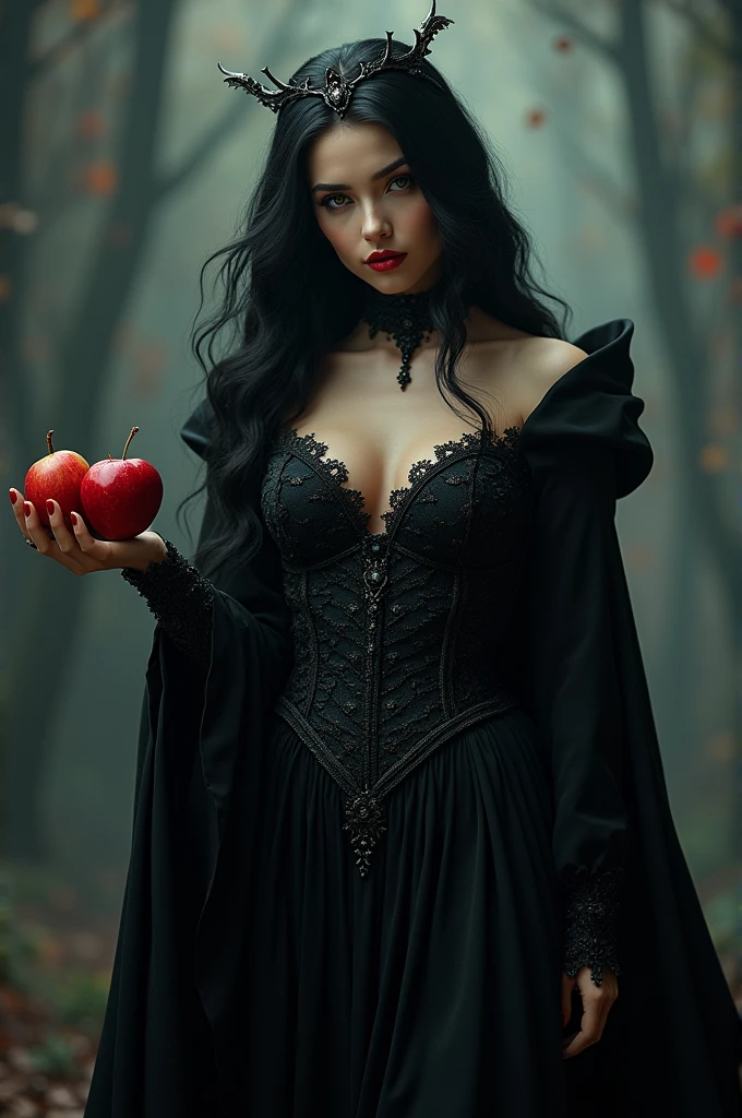 Girl,Black long hair,Black Queen,accessories,Apple in hand,Poison apples,Witch Queen,Red lipstick, large breasts