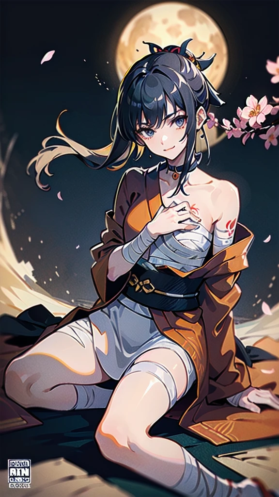 (((((roll up bandage sideways on a chest tightly to cover the chest without gaps))))), (((bandage samweways))),, ((Japanese Gangster BOSS)), adult woman with the dignified presence, Killing Qi, wear nothing around shoulder, wear nothing around neck, wear the kimono, wear it below the waist, (I wind it up to control it, and to attach it), ((kimono come off)) ,wear the kimono multiple times, Bare shoulders and the clavicle, black and gold kimono, put on over jacket of kimono, (holding a japanese sword which shine in purple, The handle of the sword is black, and the blade is gray, long sword), eye fire, low angle, whole body, anime character, Glaring, off sholder, nappropriate smile, Excellent, black blue hair, can see both shoulder, ((long kimono hem)), small face, ((some cherry blossam big tattoo on the arm)), ((background Japanese gate with circlr mark)),muscular,drink sake,fullmoon in the sky, The kimono is spreading,(((ultra-detailed))),super beautiful,Masterpiece,Killing Qi,Intimidation,zoom up, a person,Selfish person
