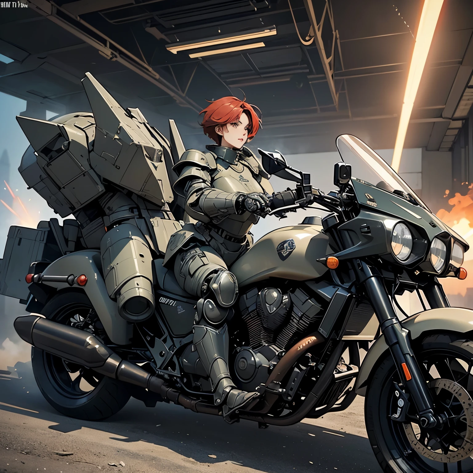 nsfw, anime screencap, 16K, perfect anatomy proportion body, perfect hands, action, A dynamic composition with a sense of speed and movement, (open cockpit, Ride a large, heavily armored military bike:1.6), a wife, 40age, perfect beautiful delicate sexy face, perfect beautiful delicate slanted eyes, red hair, swept bangs pixie cut, medium breasts, Camouflage colored heavy armor robotic steam engine full armor powered suit, Many robot soldiers having a gunfight in the background, Flying bullets, Desert Battlefield, war, cyber punk,
