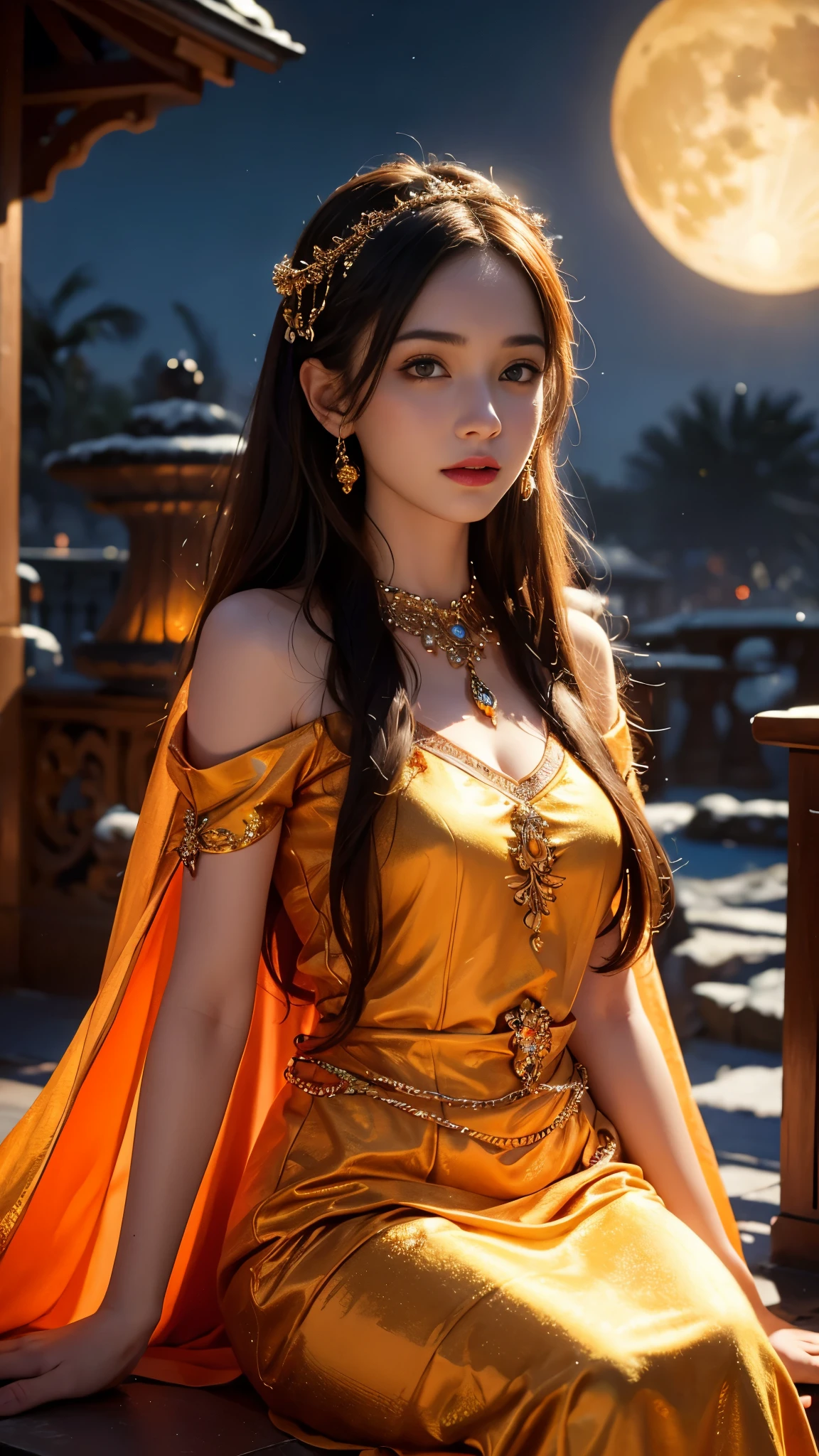 8K ultra hd, masterpiece,1 girl, ((realistic face)), detailed eyes, ((very long hair)), flowing hair, small breasts, royal dress, decorated dress, orange dress, anitque jwellery, detailed lacing, flowing cape, bare navel, moon light, amazing night outdoor, spot lights, glowing lights, depth of field, ray tracing, bloom, realistic shadow, tyndal effect, spreding, lights, looking at the audience, attractive pose, sitting,